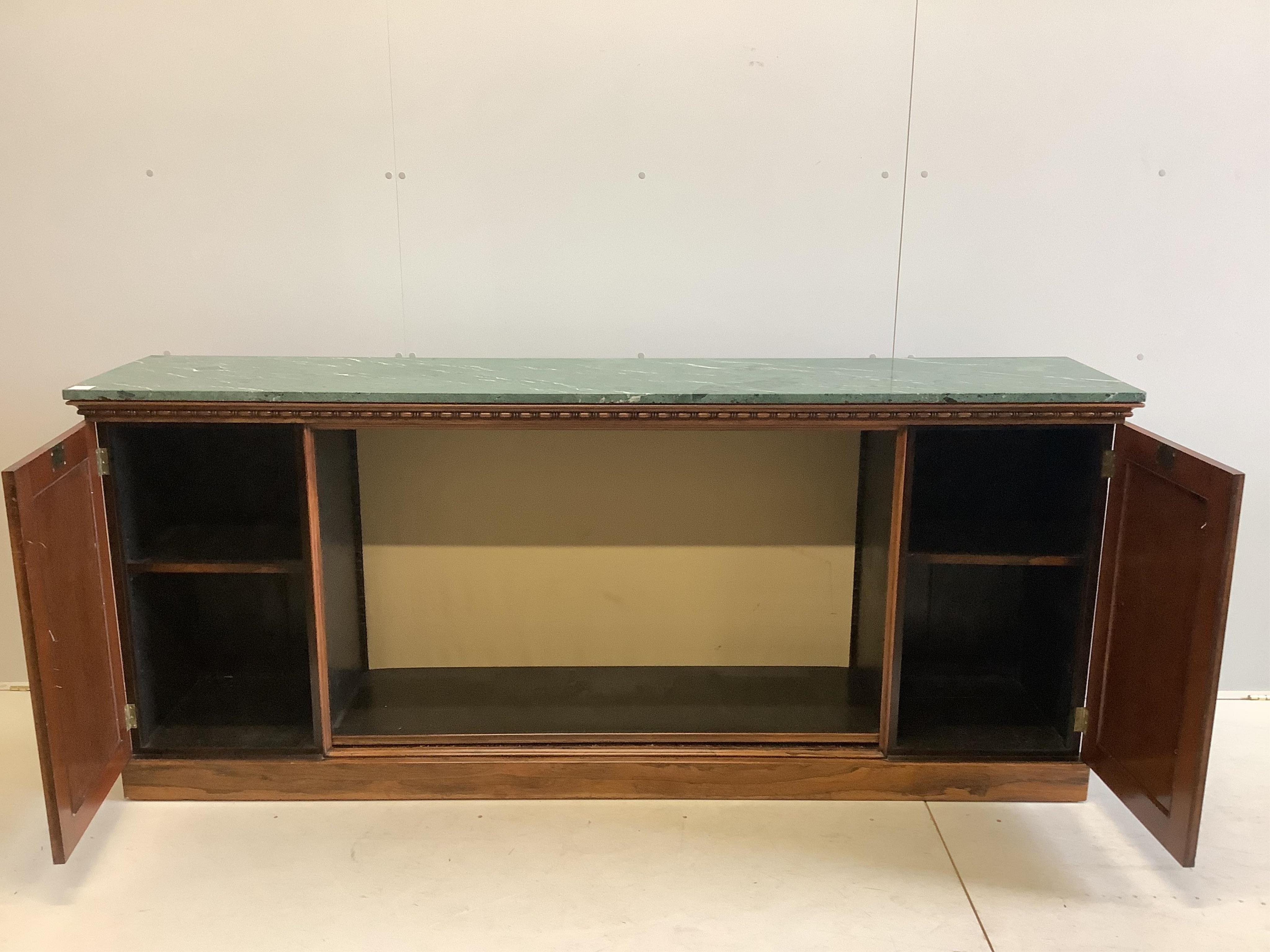 A William IV rosewood dwarf bookcase with associated marble top, width 213cm, depth 43cm, height 91cm. Condition - good